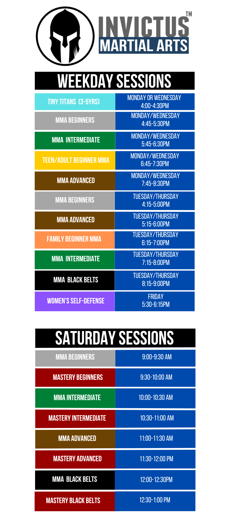 Invictus Martial Arts - Class Schedule 2024