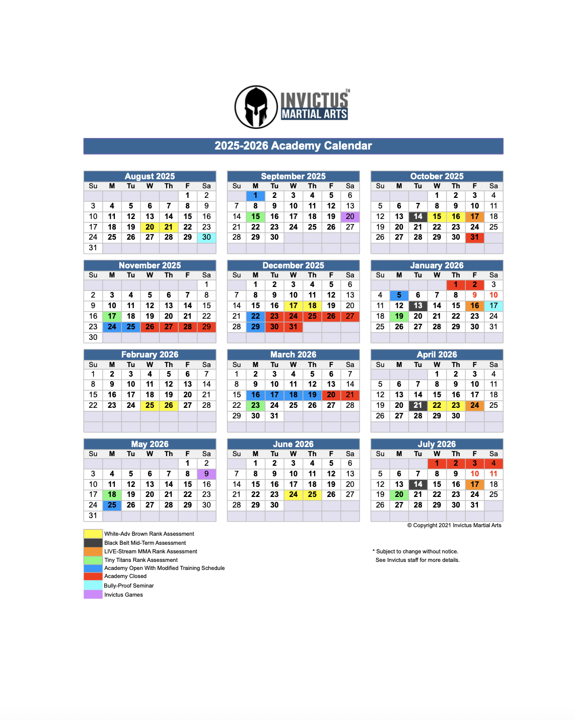 Academy Calendar (2025-2026)