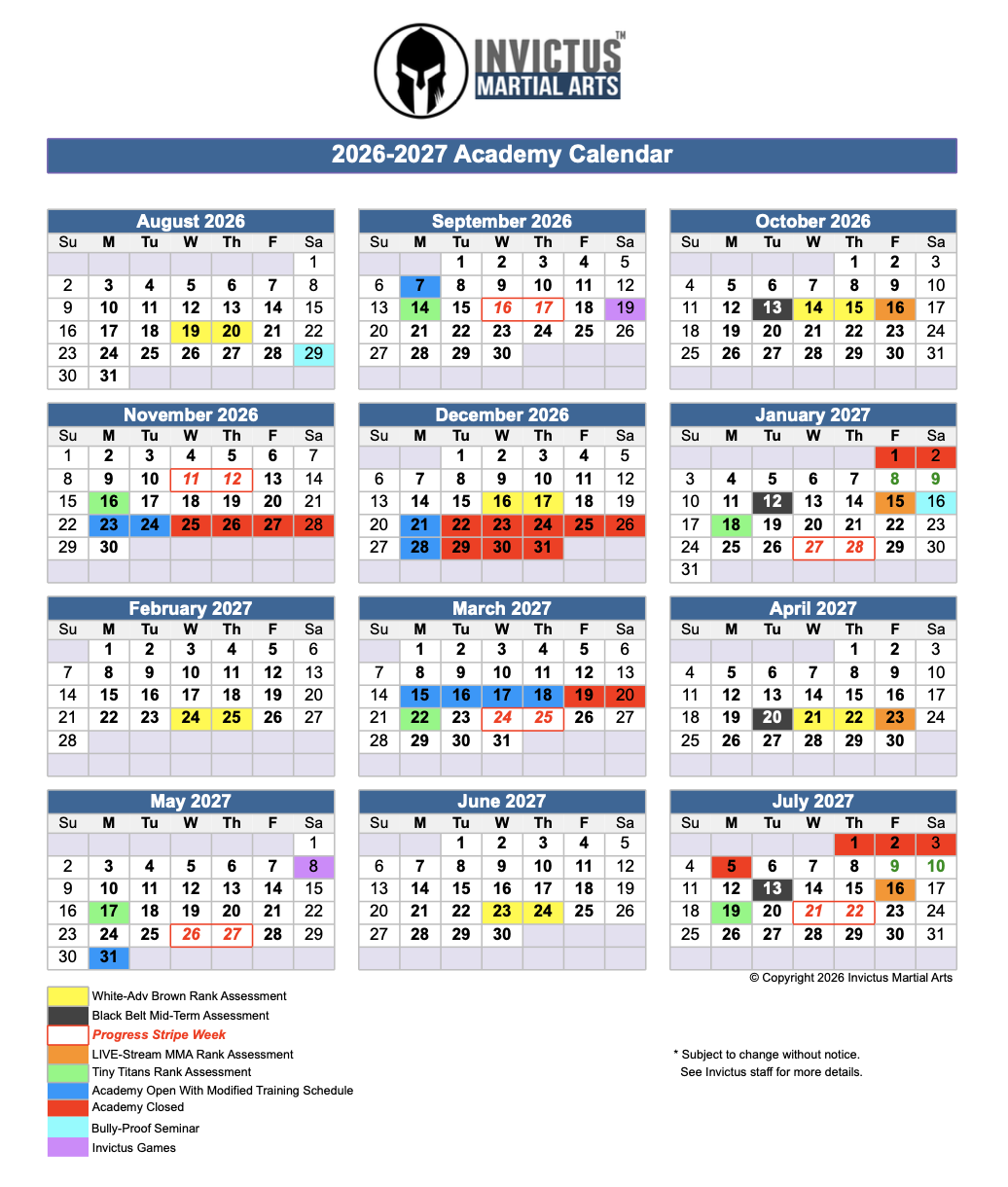 Academy Calendar 2026-2027
